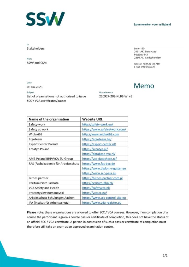 Wykaz firmy, sporządzony przez SSVV, które wystawiają fałszywe certyfikaty VCA w Polsce.